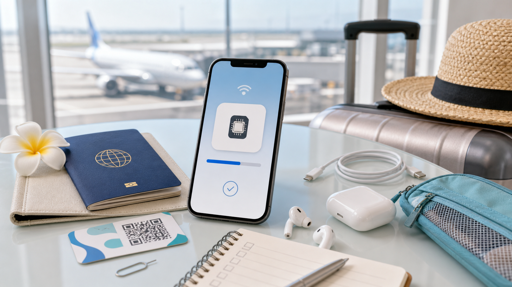 空港でスマホにeSIMを設定するイメージ