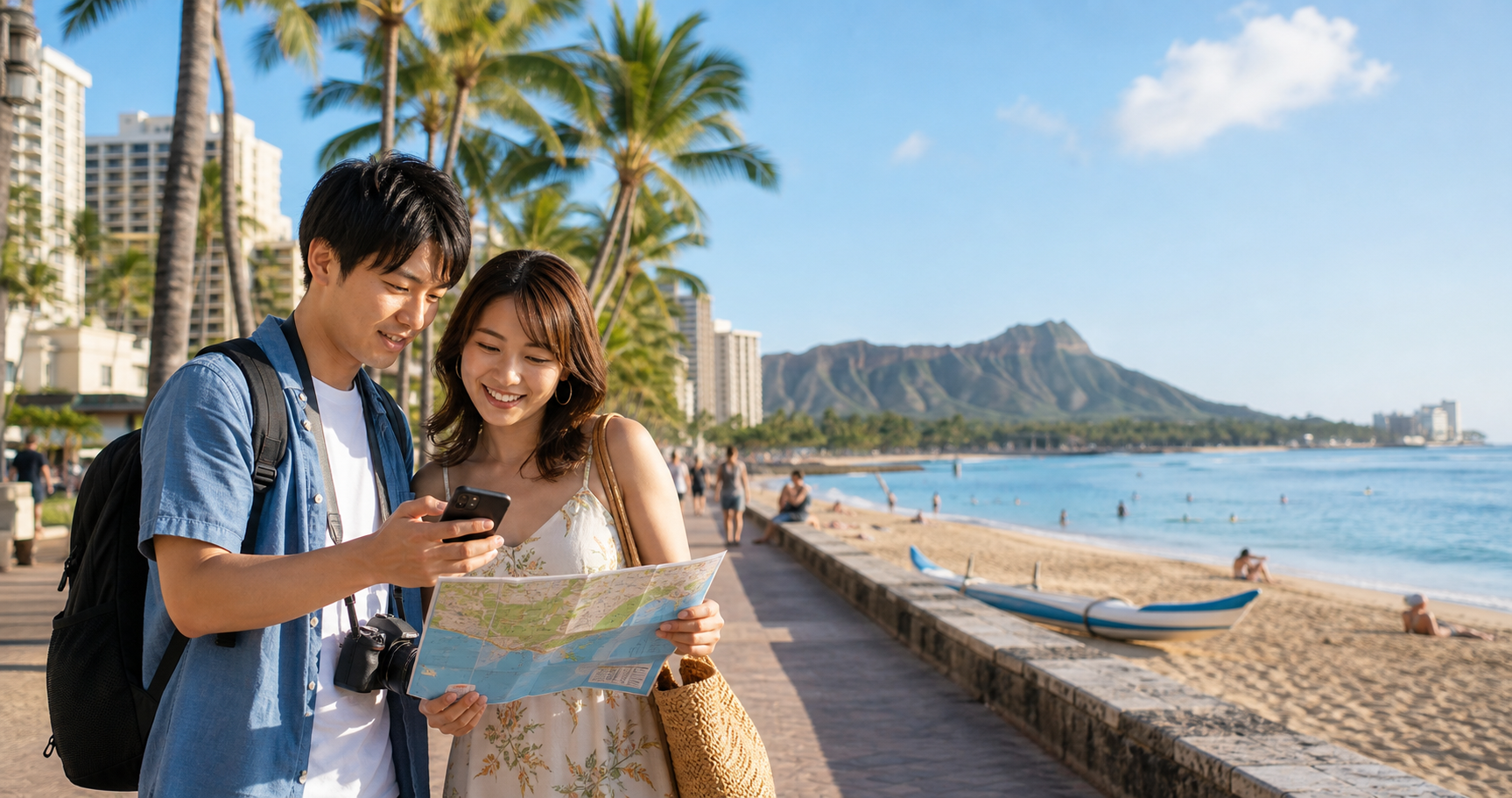 ワイキキでハワイ旅行のモデルコースを確認する旅行者のイメージ