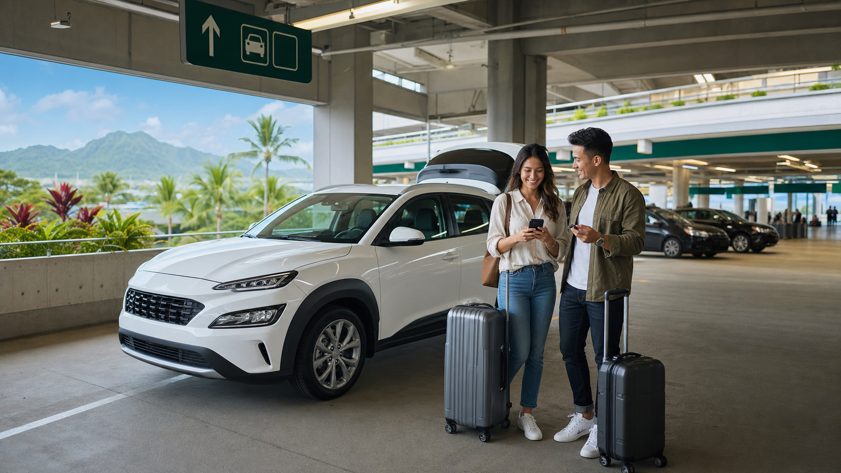 ホノルル空港でレンタカーを借りる旅行者のイメージ