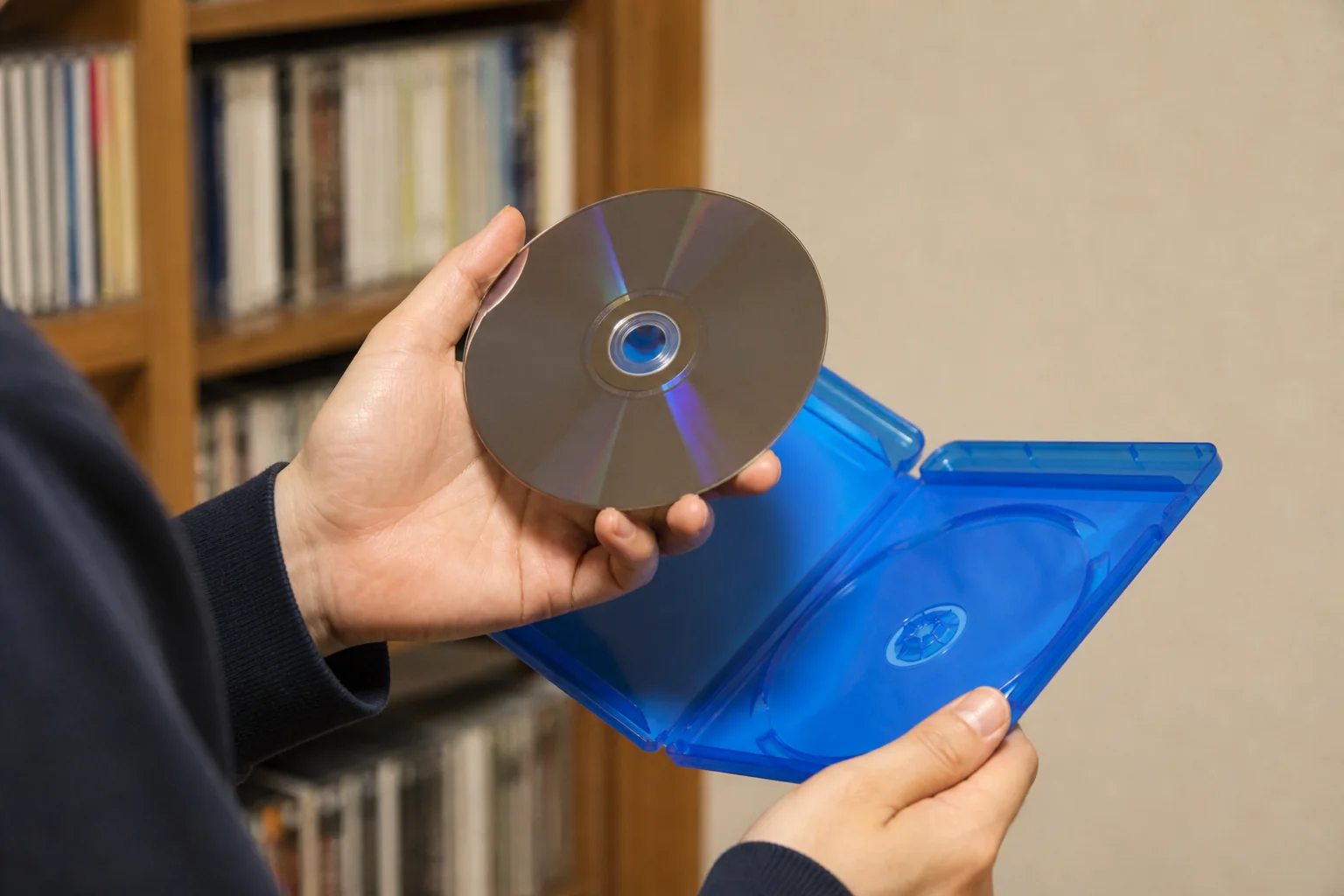 中古ディスクの盤面と付属品を確認する手元