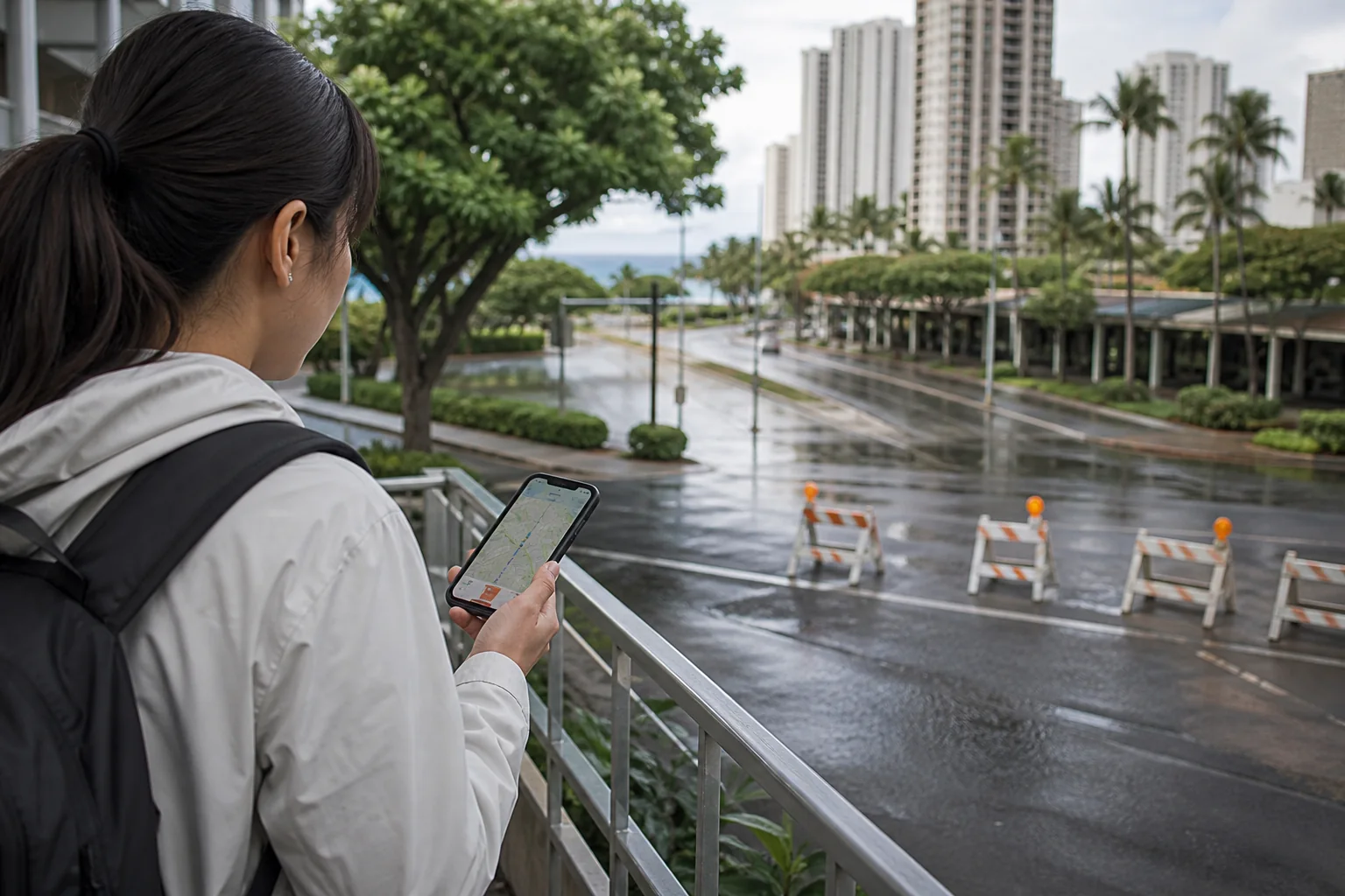 悪天候時に安全な屋内で待機する旅行者