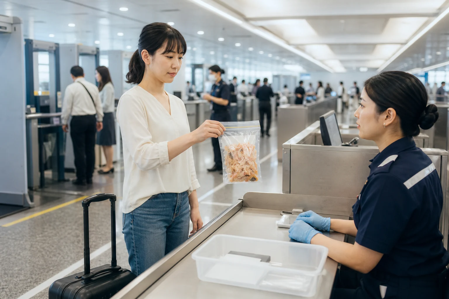 空港の検査カウンターで密封した食品を係員に見せる旅行者