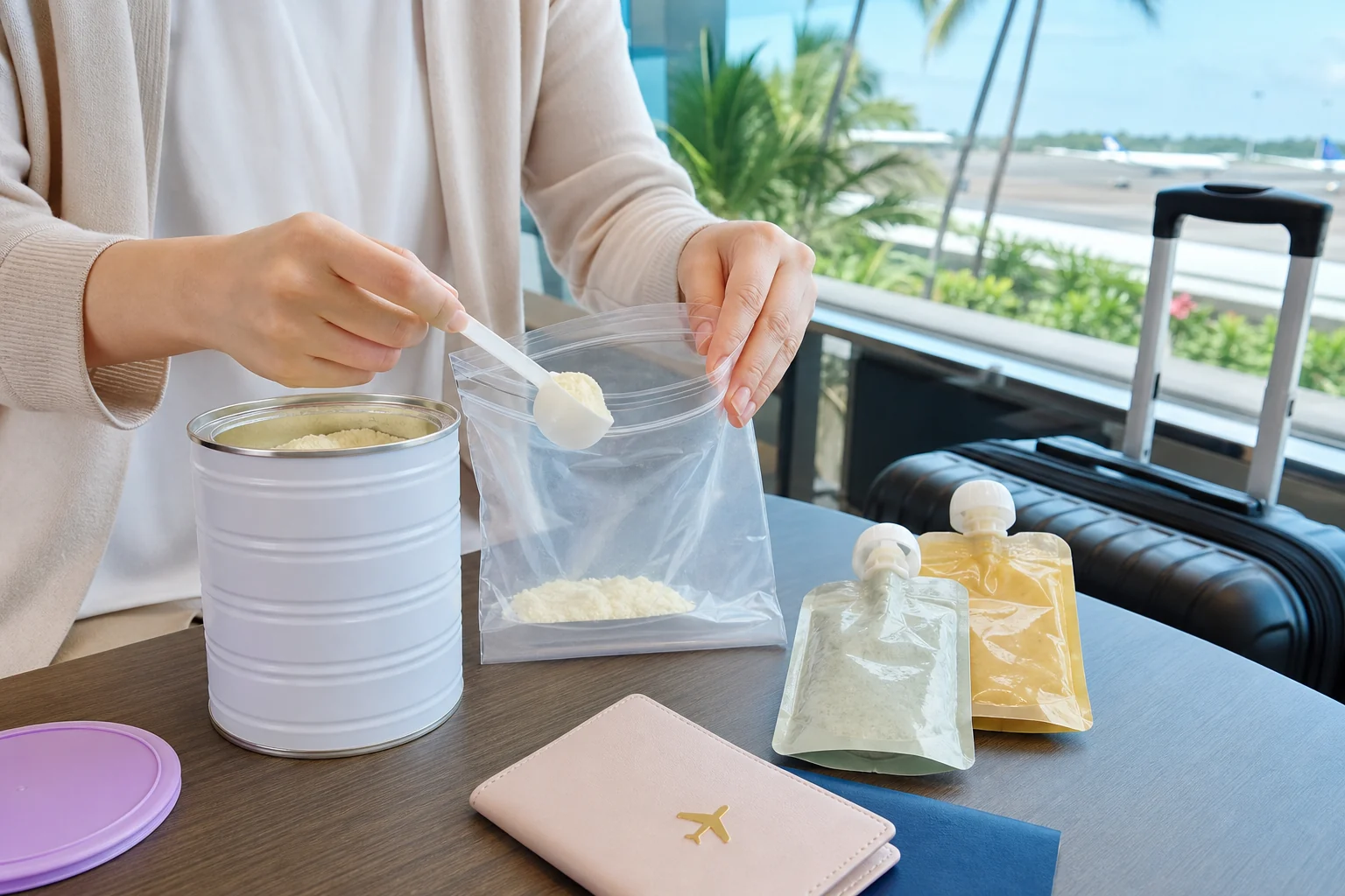 空港で粉ミルクと離乳食パウチを手荷物用にまとめる保護者